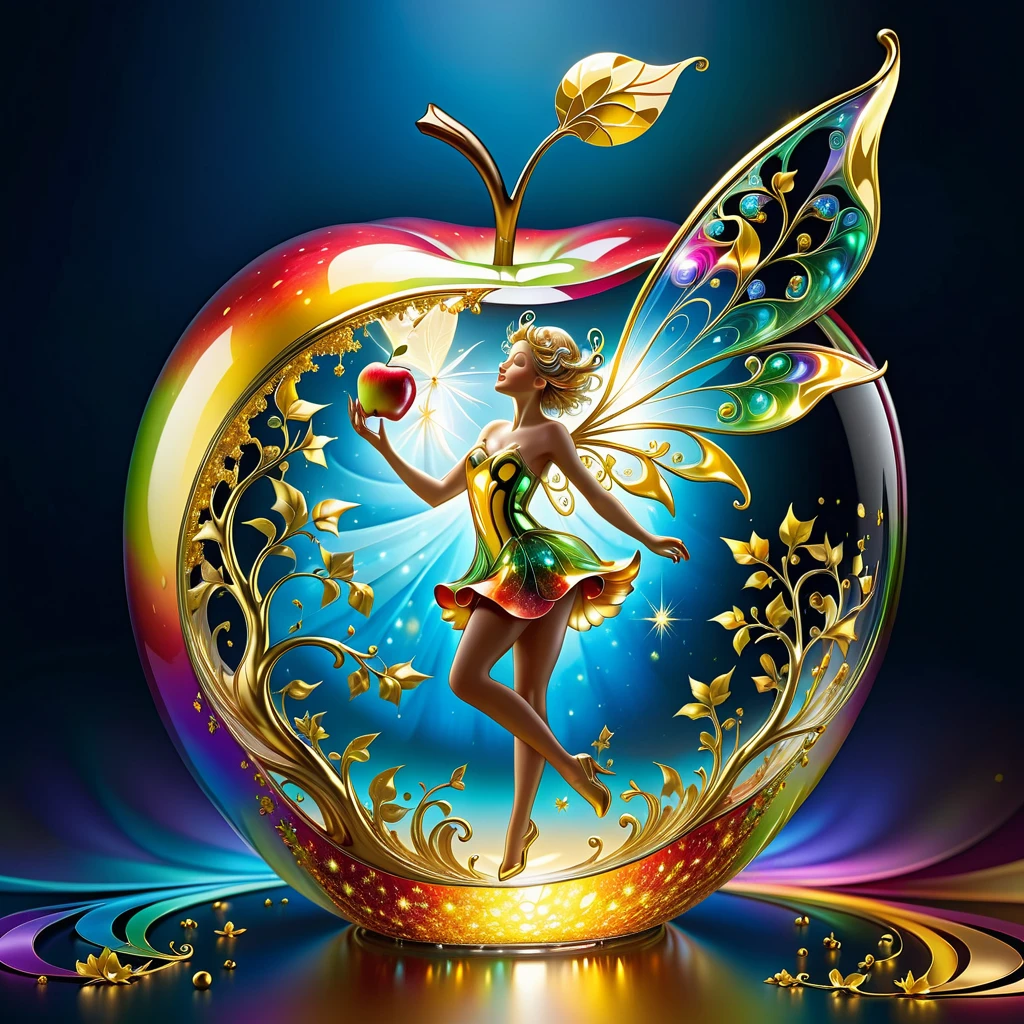 fot, photorrealistic, Ultra-realistic, intrincately detailed, wide angle, Bright vivid and bright color outlines of fine fractal of a glass apple with a ("a shiny golden flying fairy uses her wand to turn a tree into solid gold.") por dentro, surreal, Gradient, windy, petals floating in the wind, swirling ribbons of paint and light. Left, areia1. --v6 --s1000 --c20 --q5 --chaos100
