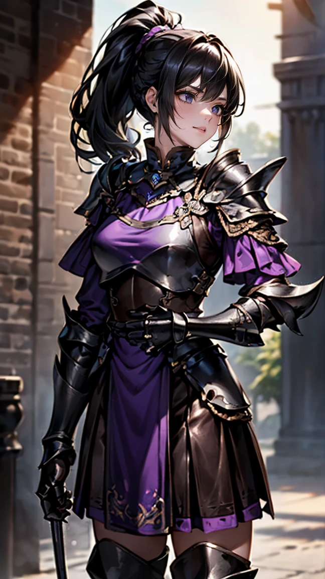 Highest quality、masterpiece、8K、Realistic、超High resolution、Very delicate and beautiful、High resolution、Cinema Lighting、medium range shooting、Portraiture、Perfect female body、Opposition、Looking at the audience、((A female mercenary from another world、Close fitting leather bib:1.6、Black gauntlets with purple trim:1.4))、Glamorous Body、Flexible body、(Shiny black hair、ponytail:1.3、Sharp Eye)、Throwing knives at shoulder and hip、Stealth Skills、A radiant smile、Battlefield of Another World、Experienced、Reward Gold Bag、Loyalty to friendship、People who walk a difficult path々々、contract、strategy。