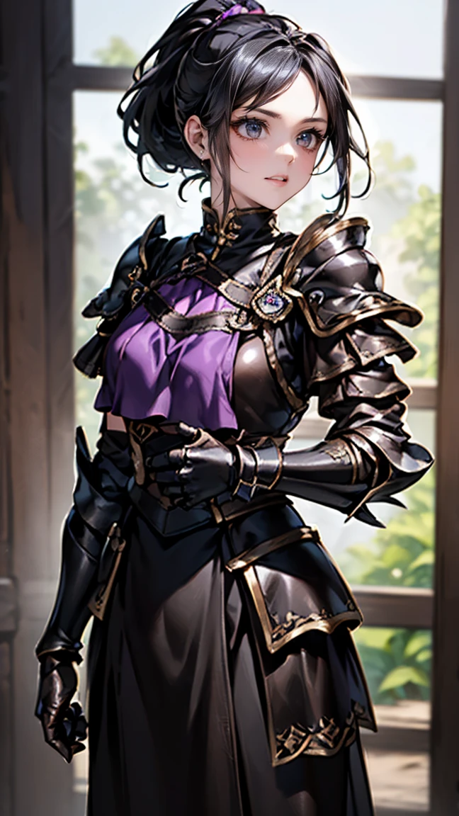 Highest quality、masterpiece、8K、Realistic、超High resolution、Very delicate and beautiful、High resolution、Cinema Lighting、medium range shooting、Portraiture、Perfect female body、Opposition、Looking at the audience、((A female mercenary from another world、Close fitting leather bib:1.6、Black gauntlets with purple trim:1.4))、Glamorous Body、Flexible body、(Shiny black hair、ponytail:1.3、Sharp Eye)、Throwing knives at shoulder and hip、Stealth Skills、A radiant smile、Battlefield of Another World、Experienced、Reward Gold Bag、Loyalty to friendship、People who walk a difficult path々々、contract、strategy。