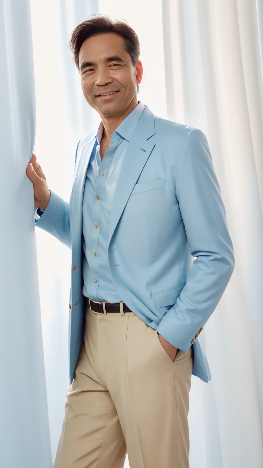 50 years old man， Soft headlights，High-density imaging，（The face is clear and delicate），((Light blue suit))，((White shirt))，((Various dynamic poses))，((Full body image))，((Smile))，((Background is white curtain))，best quality，masterpiece，（Soft colors：1.2）