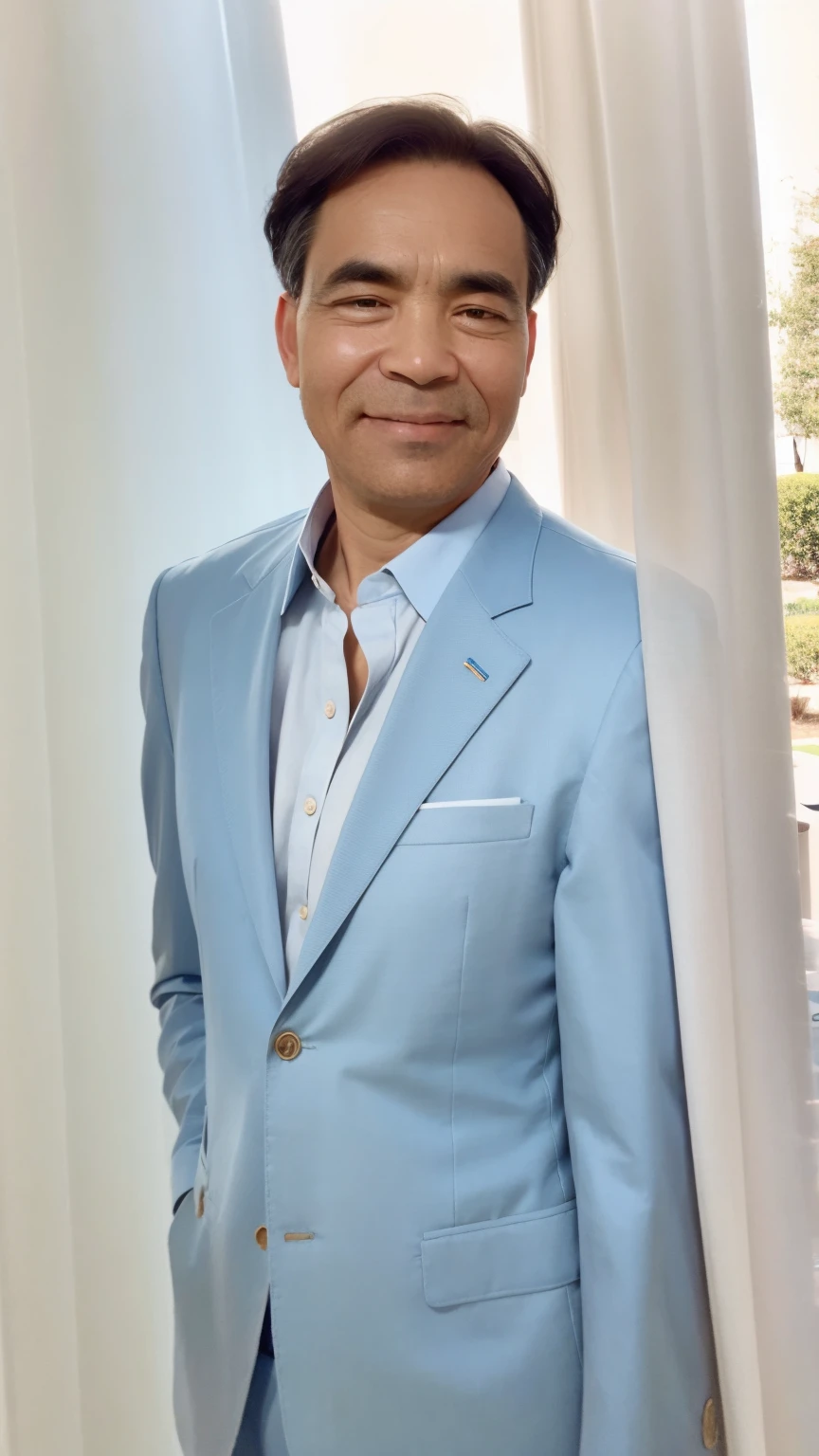50 years old man, Soft headlights,High-density imaging,(The face is clear and delicate),((Light blue suit)),((White shirt)),((Various dynamic poses)),((Full body image)),((Smile)),((Background is white curtain)),best quality,masterpiece,(Soft colors:1.2)