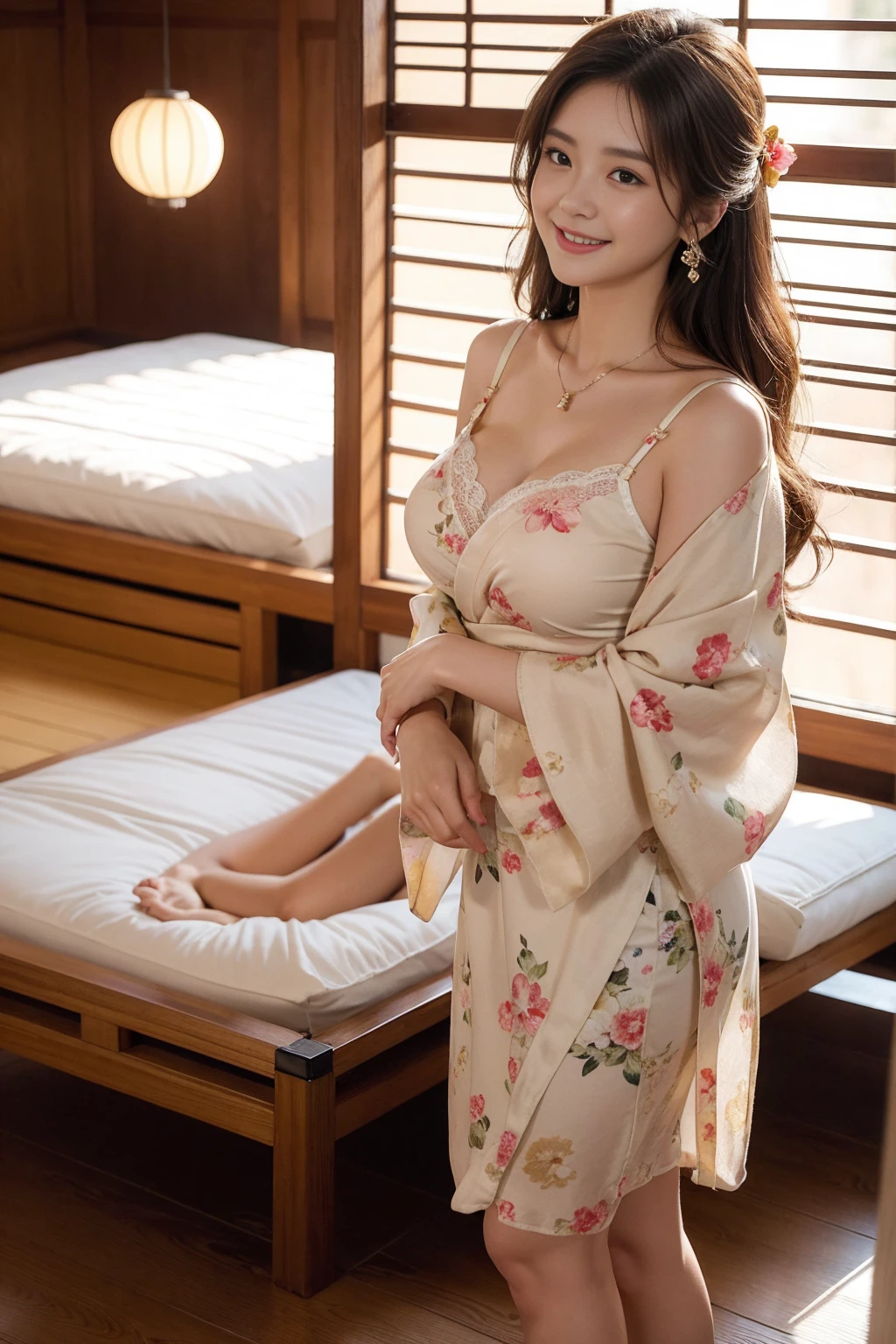 high quality,8K, Detailed facial depiction, Detailed description of the eyes,Angle from directly above,One Woman, Light brown hair(Medium-long hair),Beautiful Japanese Girl,24-years-old,Cute eyes,Cute Smile,Yukata beauty,Her gold floral yukata is open at the front, revealing her sexy bra and panties.,Floral lace underwear,String panties,Sexy body, Large, plump breast size, Long and beautiful legs,Smiling, Colorful earrings,necklace,Are standing,Beautiful nape,Japan tatami room,Feminine and sexy gestures,wind chimes,A bedroom with futons,Lying on your back on a futon,Sleeping facing up