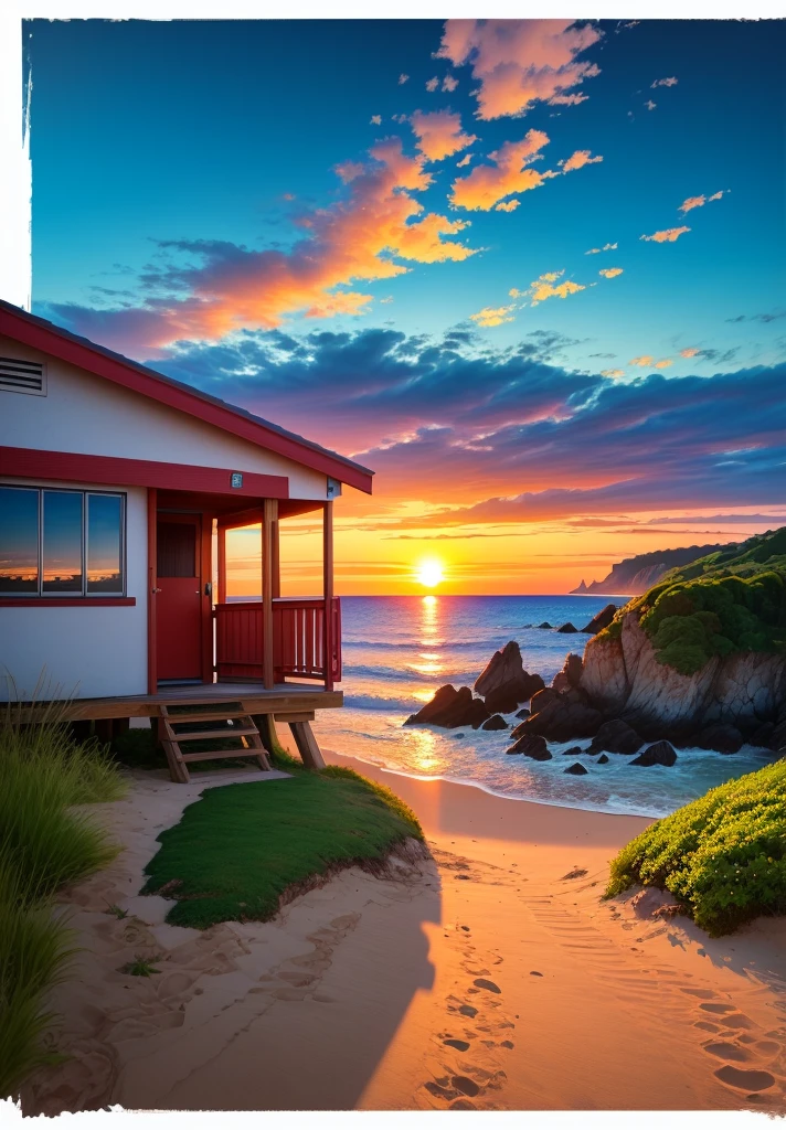 ghibli anime style, painting of a lifeguard hut on the beach, beautiful sunset over the ocean, full clouds in the sky, symmetrical framing, vibrant color