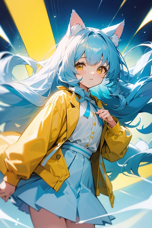 Light blue, slightly long curly hair、Cat ear、Yellow Eyes、White blouse、Yellow jacket、Light blue skirt、Light blue ribbon on chest、Girl、cute