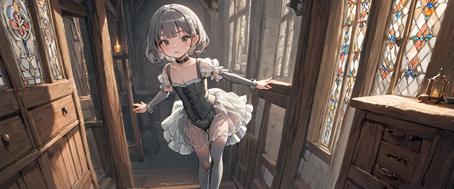 8  medieval girl, In underwear、Knee-length semi-transparent bloomers（Drawers）Wearing、Wearing a semi-transparent corset、Translucent slip, Grey translucent tights