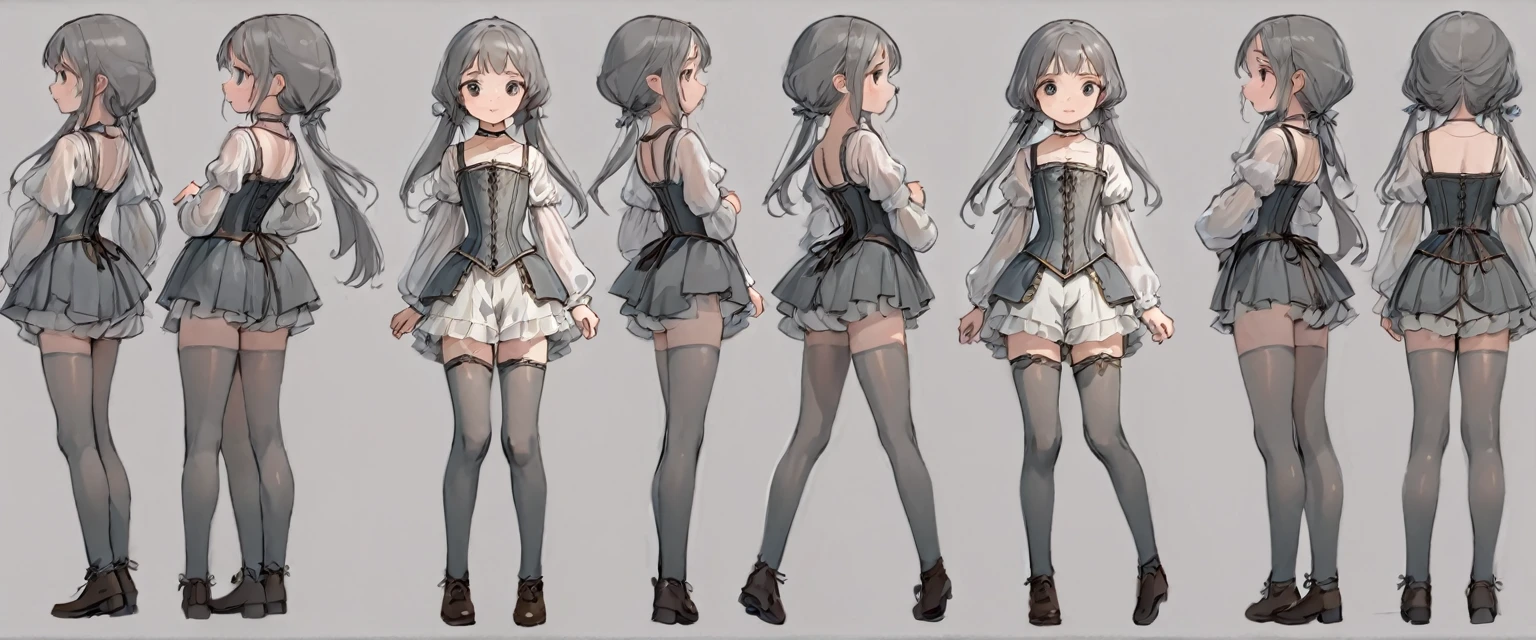 8 year old medieval girl, In underwear、Knee-length semi-transparent bloomers（Drawers）Wearing、Wearing a semi-transparent corset、Translucent slip, Grey translucent tights