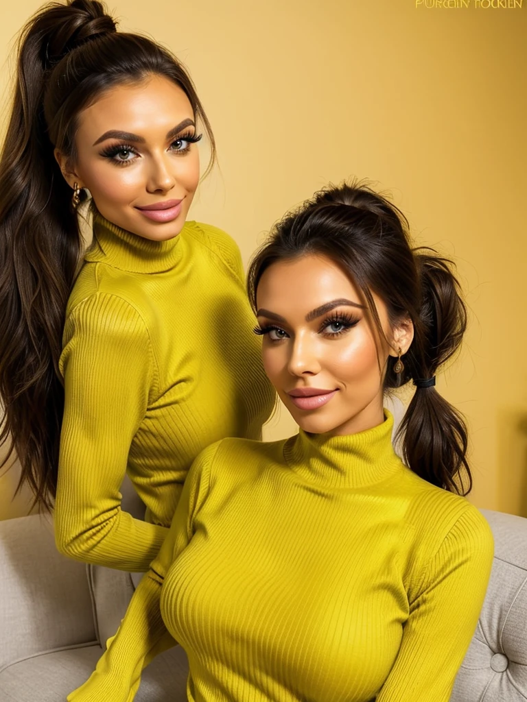 photo of a skinny brunette prostitute with fake eyelashes and plump-enhanced lips, messy long hair thrown into a messy bun ponytail. She wears: (turtleneck soft high ribbed yellow super tight sweater:1.1), submissive seductive pose, high tight ribbed neck, seductive smile, perfect fake tits, horny eager russian pornstar wife lana roy, perfect obedient girl