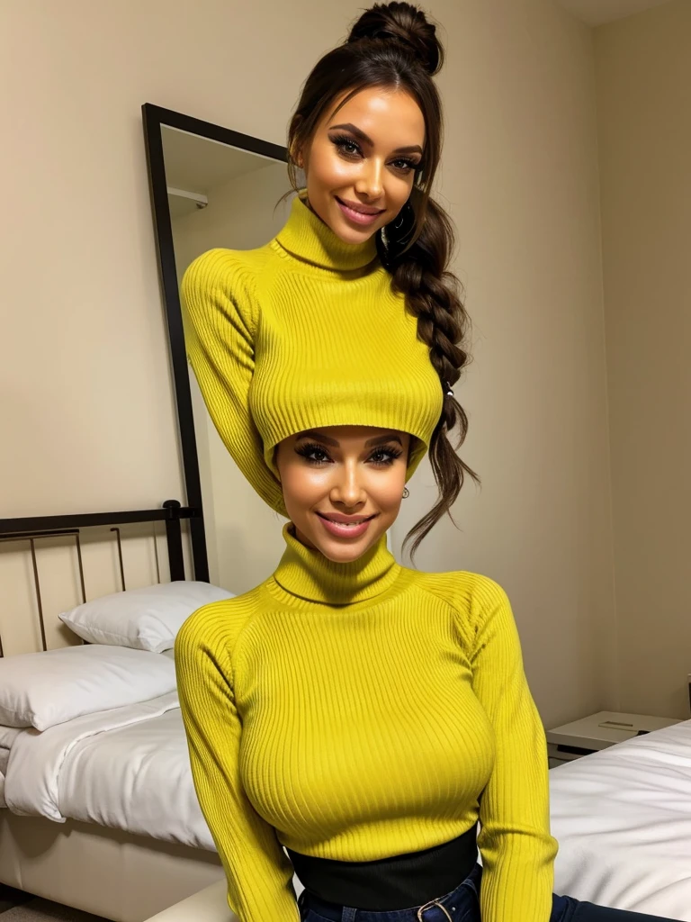 photo of a skinny brunette prostitute with fake eyelashes and plump-enhanced lips, messy long hair thrown into a messy bun ponytail. She wears: (turtleneck soft high ribbed yellow super tight sweater:1.1), submissive seductive pose, high tight ribbed neck, seductive smile, perfect fake tits, horny eager russian pornstar wife lana roy