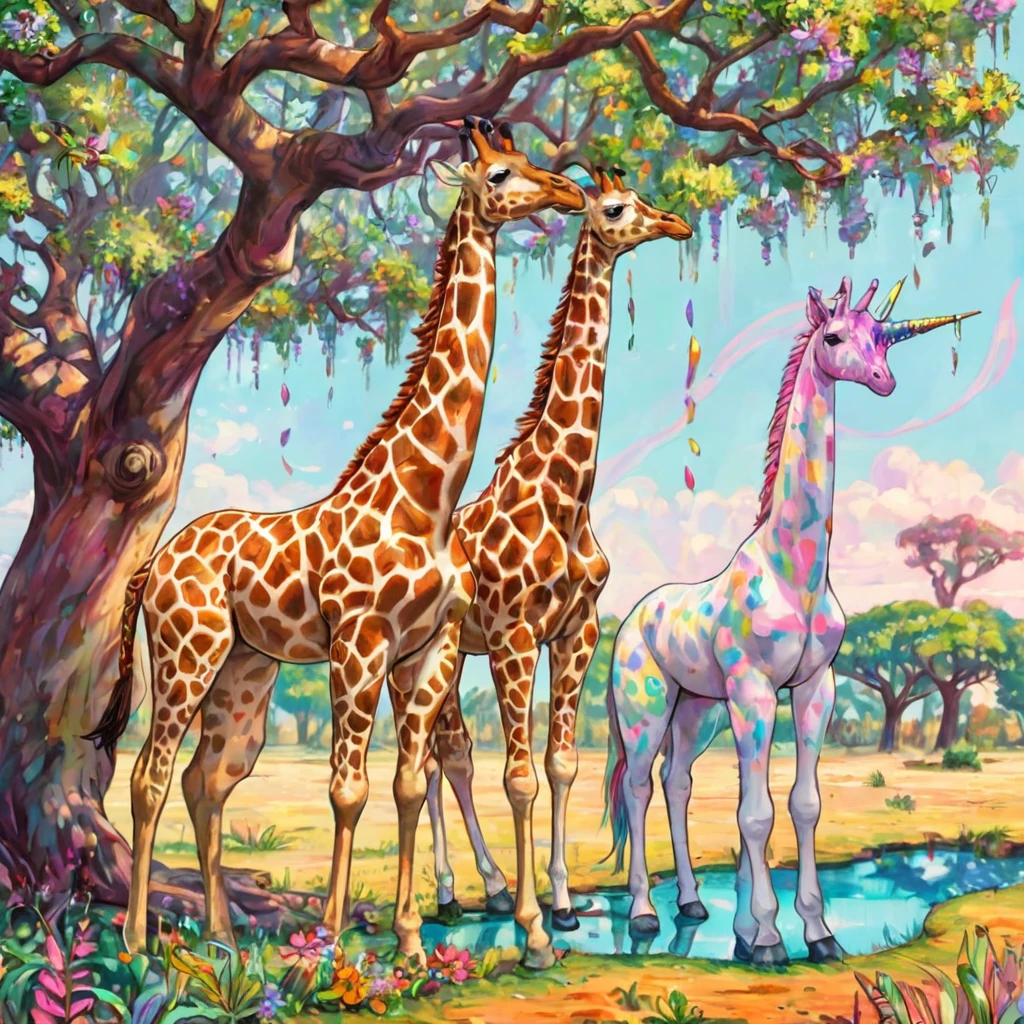 {"prompt": "((oil)), 1 giraffe, Lots of unicorns, Traditional African landscape ((The giraffe is larger than the other animals in the landscape.、Relaxing under a tree bigger than me..He is flanked on either side by psychedelic unicorns.)) The giraffe is looking straight into the distance,(((Psychedelic unicorn stares at giraffe、I can only wonder what I'm looking at.))) African wildlife-filled landscape, African Insects, African plants, African Animals, Complex Texture, (Skin with attention to detail:1.5) Soft and vibrant lenses, Ultra-high resolution, Detailed and complex, Vibrant colors, Beautiful lighting, clean & clear, Photo Real, Photorealism", "Negative_prompt": "(Worst quality:1.6),(low quality:1.6),", "seed": 13017446, "use_Stable_diffusion_model": "darkblueaphroditeNSFWHentai_v20", "clipped_skip": truth, "use_Control Net_model": null, "use_feet_model": "", "sampler_name": "Ticker_2M", "width": 1024, "height": 1024, "be_deduction_procedure": 77, "guidance_scale": 11.0, "use_roller_model": "Chalk Dust Style SDXL", "roller_alpha": 0.65, "use_embedded_model": null, "Tiling": null, "use_face_Fixes": "CodeFormer", "use_upscale": null}