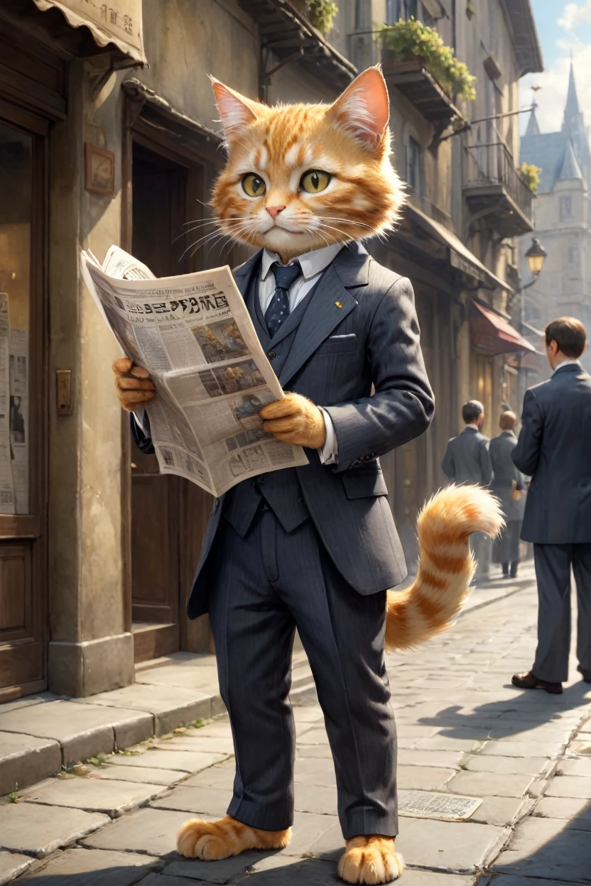  small, かわいいbornき物, Wearing a suit,Wearing suit pants, whole body, , Are standing, Costumes, Reading the Newspaper Fantasy Art, Exquisite detail, Jean-Baptiste Monge Style, Building district、Alan Lee Style, Anthropomorphic yellow-eyed tabby furry cat, Movie Scenes, Dramatic shot angles, , Realistic, born々Amazing cinematic photorealism, Action Portrait, 8K, detailed, Full Frame