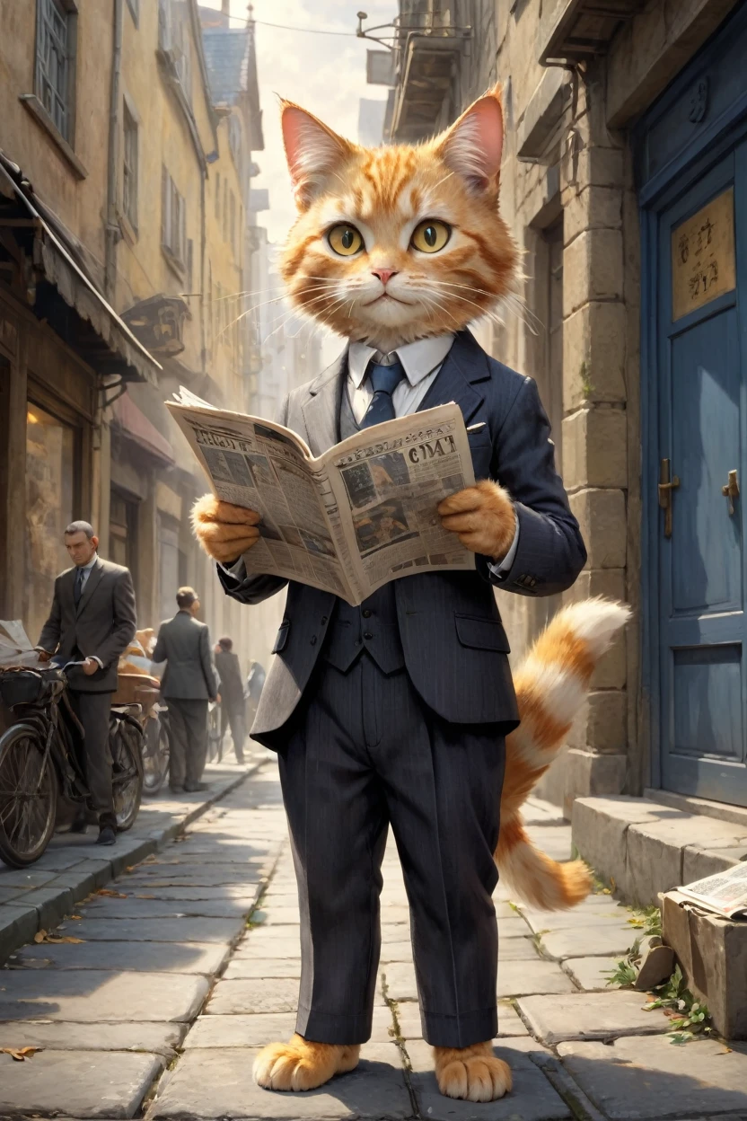 small, かわいいbornき物, Wearing a suit,Wearing suit pants, whole body, , Are standing, Costumes, Reading the Newspaper Fantasy Art, Exquisite detail, Jean-Baptiste Monge Style, Building district、Alan Lee Style, Anthropomorphic yellow-eyed tabby furry cat, Movie Scenes, Dramatic shot angles, , Realistic, born々Amazing cinematic photorealism, Action Portrait, 8K, detailed, Full Frame