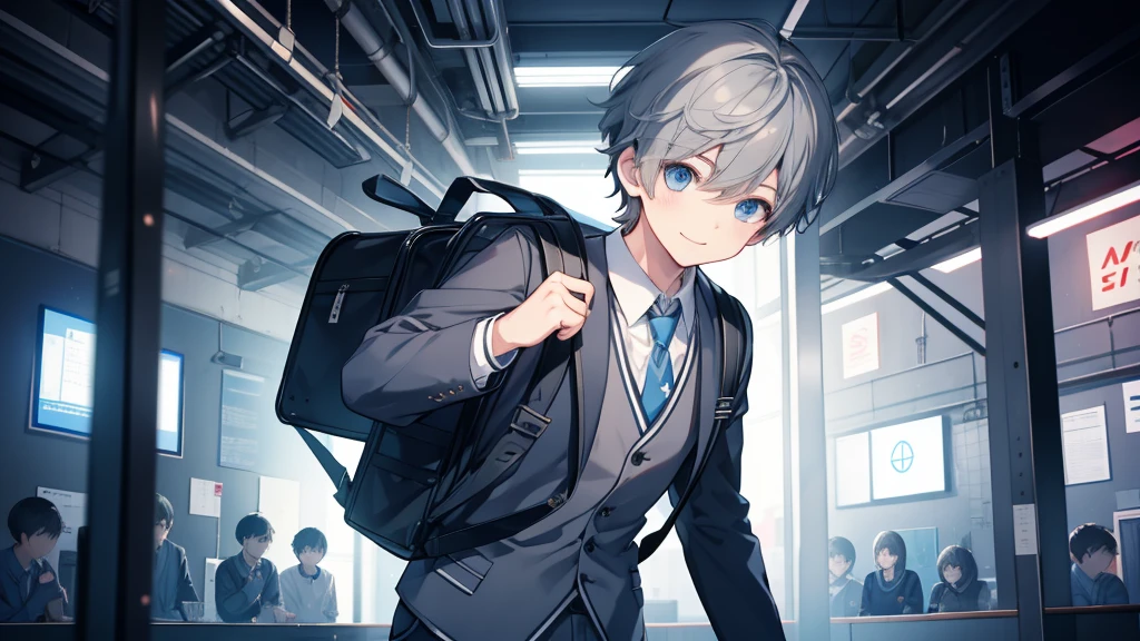1 boy、High school boys、Highest quality, Tabletop, Beautiful Face、Jet black  with stand-up collar、Gray Hair、short hair、whole body、smile、smile、Carrying a blue and white checked backpack、School Background、