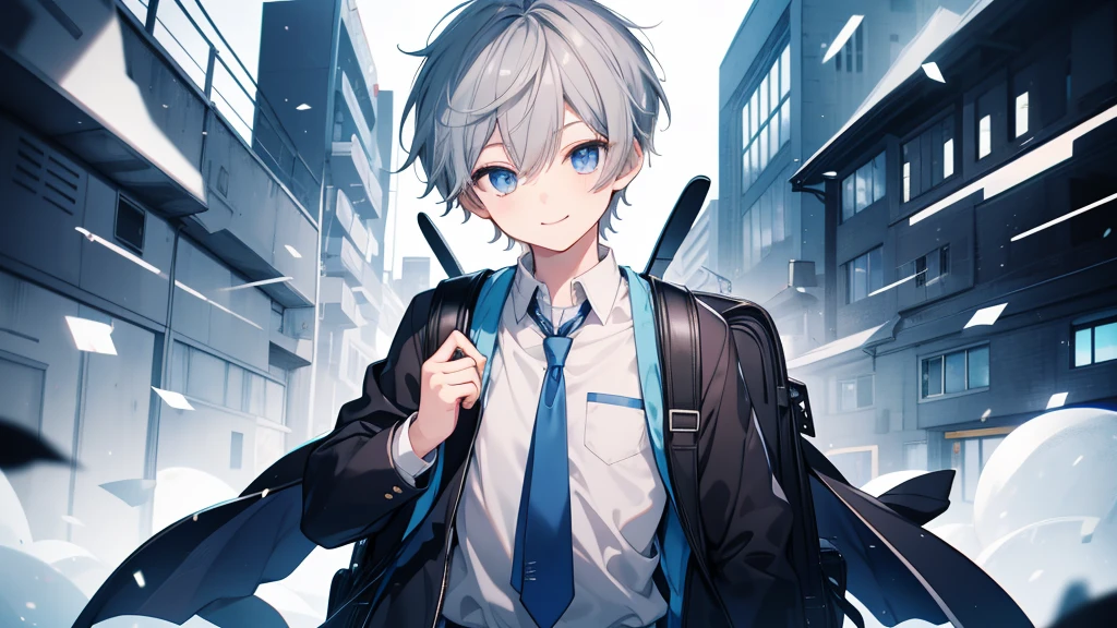 1 boy、High school boys、Highest quality, Tabletop, Beautiful Face、Jet black with stand-up collar、Gray Hair、short hair、whole body、smile、smile、Carrying a blue and white checked backpack、School Background、