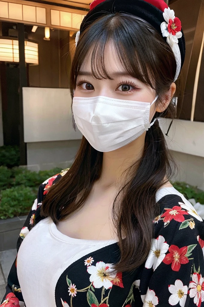 最high quality,Very detailed,finely,High resolution,8K壁紙,Perfect dynamic composition,Young Japanese Woman,Age 25, Black Hair, thin, 4K, 8K, high quality, beauty, smile, White teeth,Beautiful Eyes, Characterized by simplicity, High resolution,1 person,Japanese Idols,Large Breasts,ponytail,Landmine Makeup,Red cheeks,whole body,Floral decoration,hat,White Face Mask