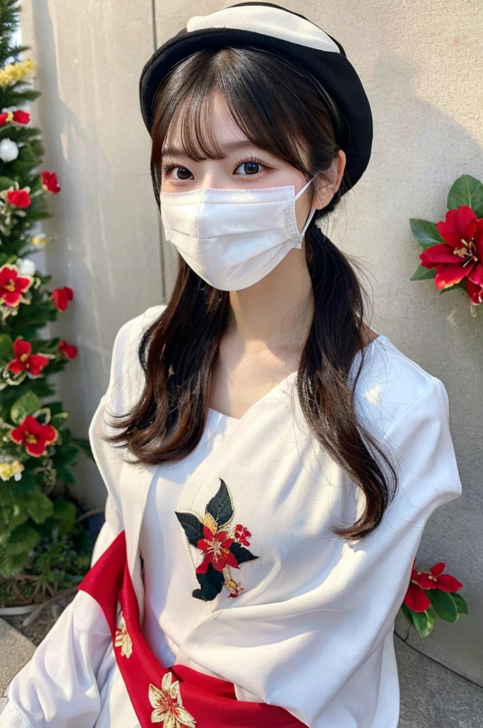 最high quality,Very detailed,finely,High resolution,8K壁紙,Perfect dynamic composition,Young Japanese Woman,Age 25, Black Hair, thin, 4K, 8K, high quality, beauty, smile, White teeth,Beautiful Eyes, Characterized by simplicity, High resolution,1 person,Japanese Idols,Large Breasts,ponytail,Landmine Makeup,Red cheeks,whole body,Floral decoration,hat,White Face Mask