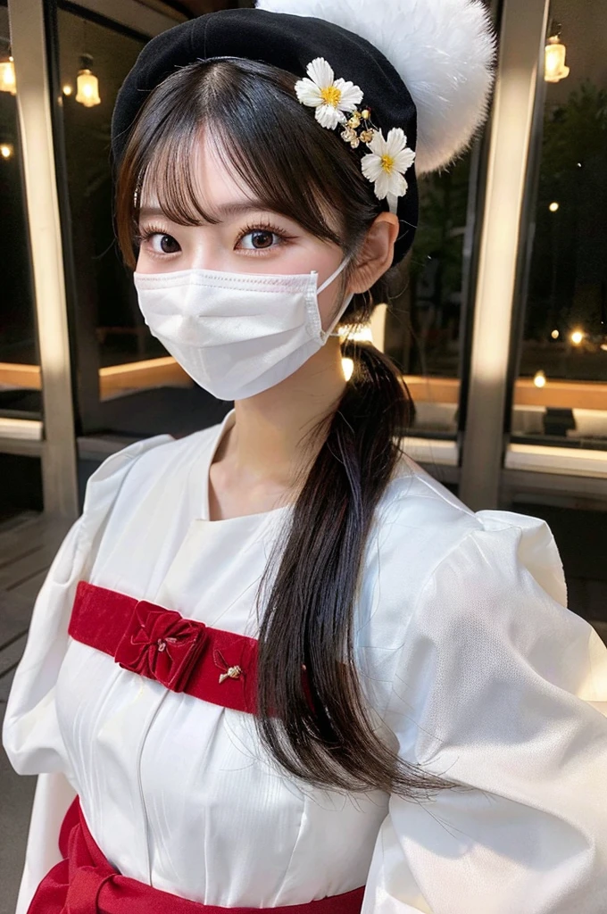 最high quality,Very detailed,finely,High resolution,8K壁紙,Perfect dynamic composition,Young Japanese Woman,Age 25, Black Hair, thin, 4K, 8K, high quality, beauty, smile, White teeth,Beautiful Eyes, Characterized by simplicity, High resolution,1 person,Japanese Idols,Large Breasts,ponytail,Landmine Makeup,Red cheeks,whole body,Floral decoration,hat,White Face Mask