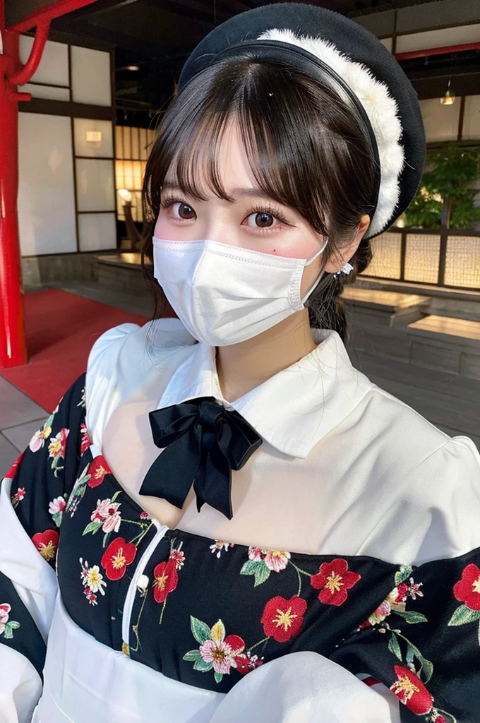 最high quality,Very detailed,finely,High resolution,8K壁紙,Perfect dynamic composition,Young Japanese Woman,Age 25, Black Hair, thin, 4K, 8K, high quality, beauty, smile, White teeth,Beautiful Eyes, Characterized by simplicity, High resolution,1 person,Japanese Idols,Large Breasts,ponytail,Landmine Makeup,Red cheeks,whole body,Floral decoration,hat,White Face Mask