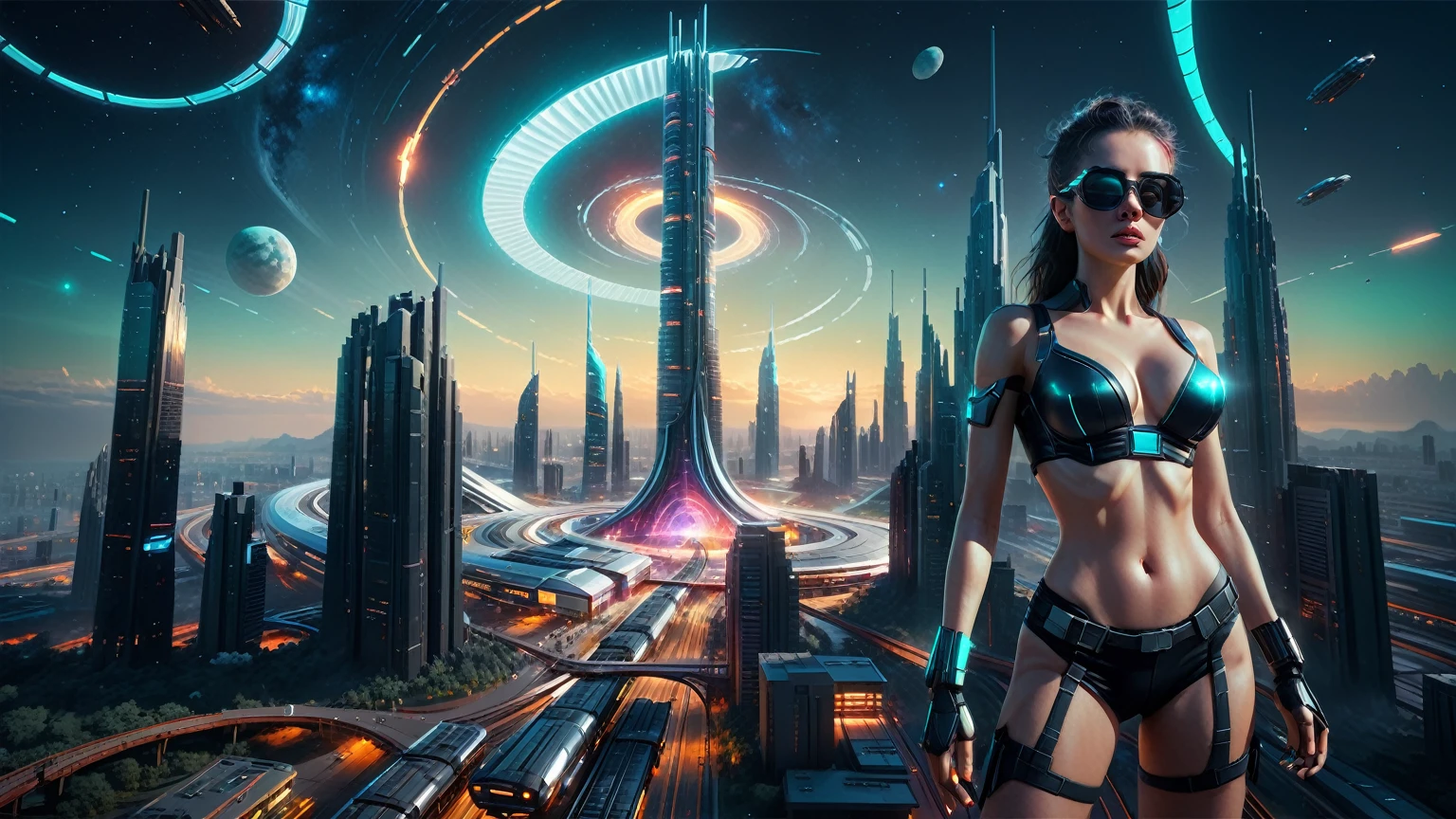 Brightly colored abstract aerial view image of a (((((futuristic railway station))))) with a spiral, a (((futuristic all-glass train))) passing by, epic beautiful space sci-fi, chaotic cinematic space rift, Greg Beeple, planets colliding, Beeple and Tim Hildebrandt, Beeple and Jean Giraud, end of the universe, (((giant glass lion sculpture))), galaxy space sci-fi, ringworld, by Mike "Beeple" Winkelmann. Matrix style, (((Matrix cascading code))), (((a futuristic twin tower skyscraper with a unique twisted design))), (((OLED GUI interfaces in the building))), at night, (((((1girl, solo))))), photo realistic, (((((((large-breast:1.2 body, cleavage:1.4))))))), (((((off broken mini sling-shirt and black sling bra, extreamly short pleated miniskirt exposing panty))))), (((((running pose))))), (((((((matrix style black micro sunglasses))))))), ((((((((((aiming with a short gun)))))))))), (((((looking at camera))))), (((very low view))), (((((half-body thigh level medium shot))))), (((cinematic lighting))).