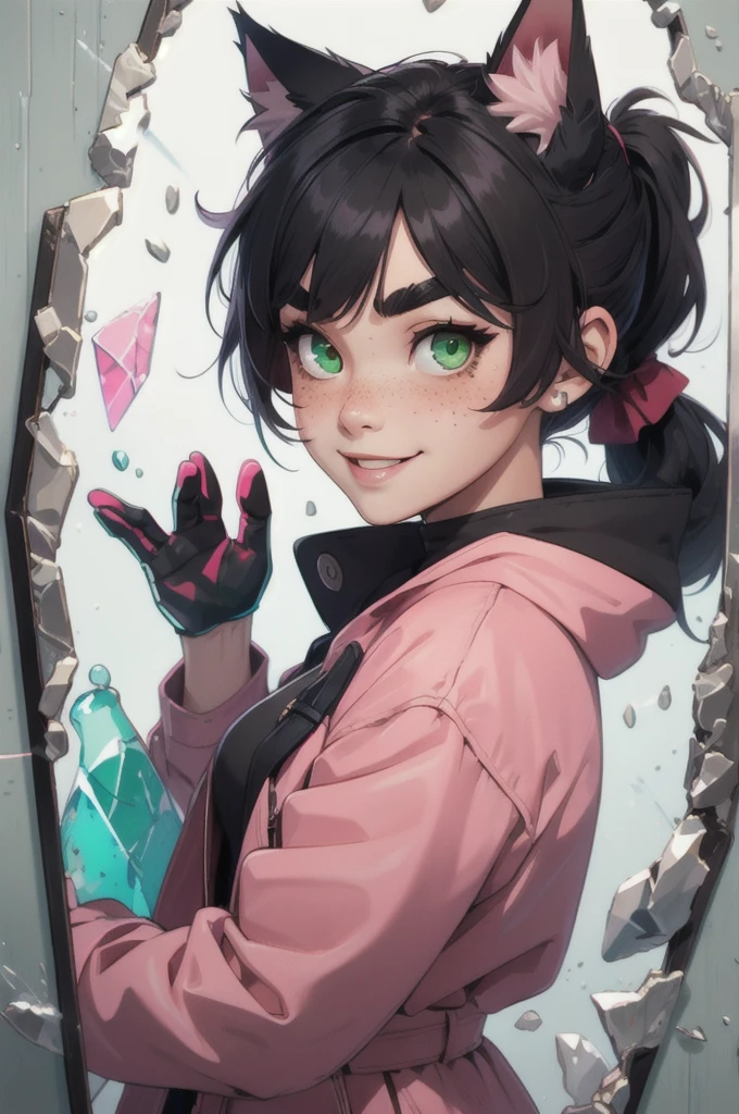 1girl, xivuraeuscoat, cat ears, side-swept bangs, black hair, pink IncursioDipDyedHair, messy mid ponytail, green eyes, thick eyebrows, freckles, smile, IncrsBrknGls, broken glass, reflection, 