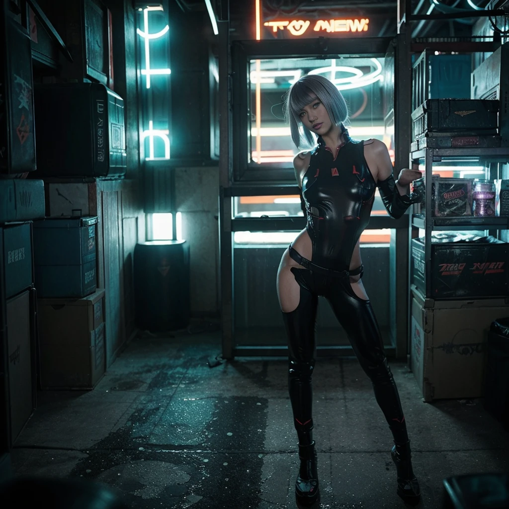 (Best Quality,hight resolution,Masterpiece, half body shot:1.2),Ultra-detailed,woman dressed in a futuristic swimsuit,sickly,standing in cyberpunk city alley at night, she's wearing a very sexy and futuristic high waisted thong swimsuit, cyberpunk city in at night in the background, very high waisted leotard, cyberpunk scenario, cyber-noir aesthetic, raining in a cyberpunk city, perfect body, sensual pose,full body shot, cyberpunk noir vibes, centered subject,gloomy ecstasy,fetish,dark gloomy atmosphere, creepy atmosphere, gritty texture,Retro-atmosphere,warped reality,melancholic expression on his face,mysterious aura,foggy atmosphere,foggy background,Subtle color palette,provocative pose,Strong emotions,Coming Out of the Depths of Despair,Piercing gaze,intense shadows,Plunged in Darkness,dark industrial aesthetic,ominous vibe,A supernatural sensation,Loss of Place in Time and Space,Eerie silence.asymmetrical bangs, freckles, black short hair, Bangs, freckles, gray eyes,