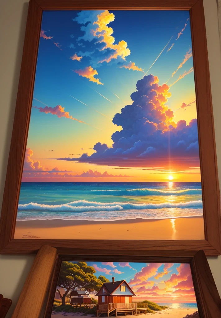 ghibli anime style, painting of a small lifeguard tower on the beach, beautiful sunset over the ocean, full clouds in the sky, symmetrical framing, vibrant color