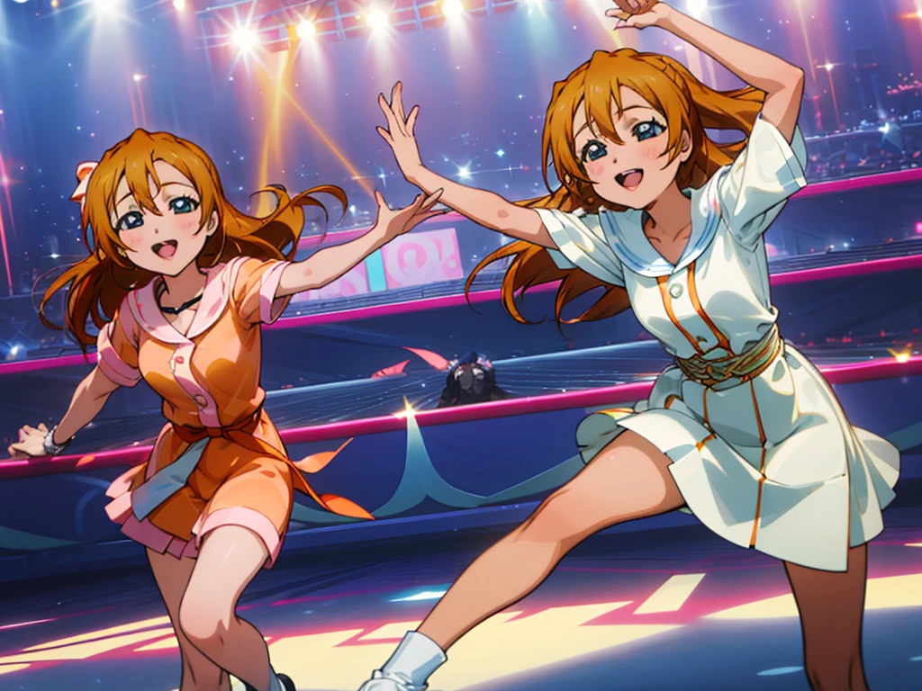 Kouko Kaga and Honoka Kousaka performing with millions of idols, (Kouko Kaga, blonde hair, amber eyes, happy), (Honoka Kousaka, orange hair, blue eyes, happy), idol, multiple girls, million of girls, thousand girls, hundred girls,