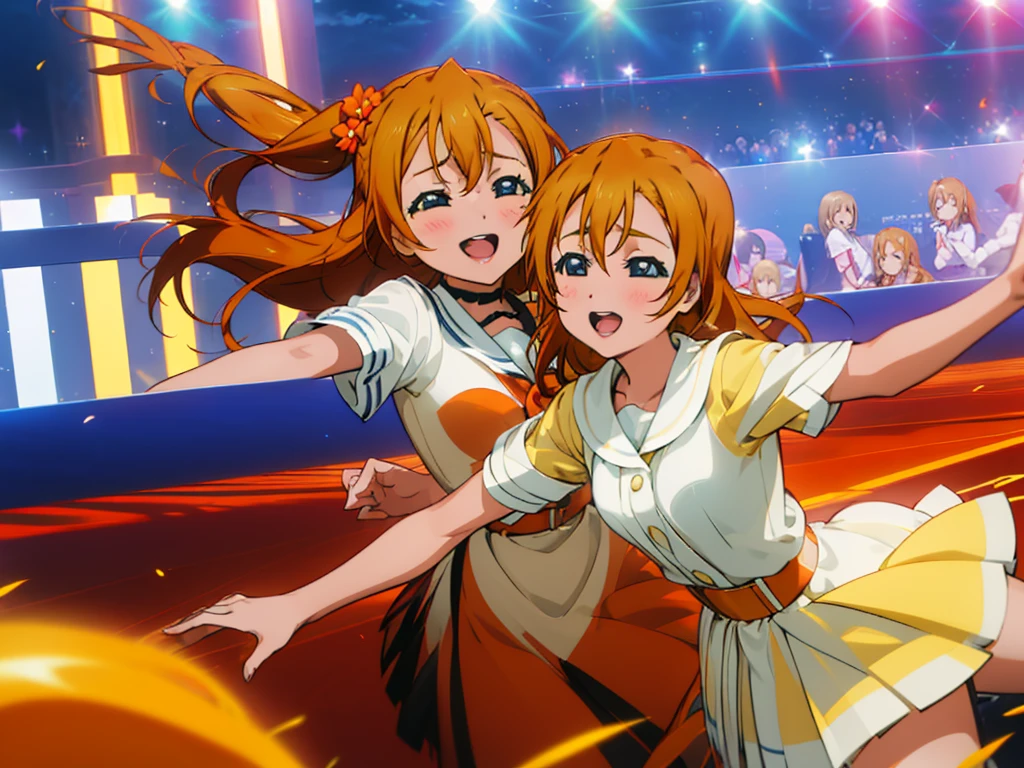 Kouko Kaga and Honoka Kousaka performing with millions of idols, (Kouko Kaga, blonde hair, amber eyes, happy), (Honoka Kousaka, orange hair, blue eyes, happy), idol, multiple girls, million of girls, thousand girls, hundred girls,