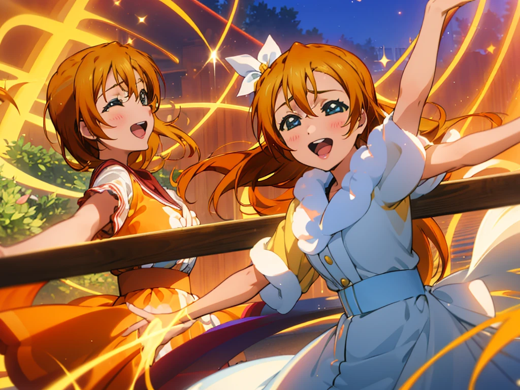 Kouko Kaga and Honoka Kousaka performing with millions of idols, (Kouko Kaga, blonde hair, amber eyes, happy), (Honoka Kousaka, orange hair, blue eyes, happy), idol, multiple girls, million of girls, thousand girls, hundred girls,