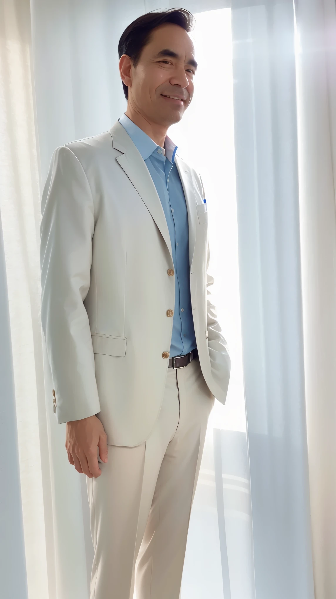 50 years old man， Soft headlights，High-density imaging，（The face is clear and delicate），((White suit))，((Light blue shirt))，((Profile))，((Full body image))，((Smile))，((Background is white curtain))，best quality，masterpiece，（Soft colors：1.2）