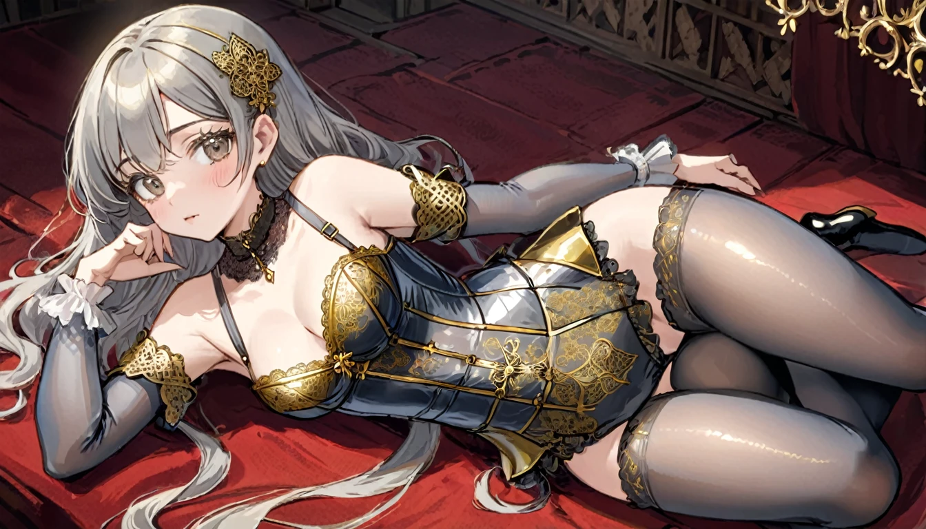 Medieval1People Girls、 Gold and silver embroidery、In underwear、Knee-length semi-transparent bloomers(Drawers)(With gold and silver lace)Wearing、Wearing a semi-transparent corset、 Grey translucent tights、Lying down