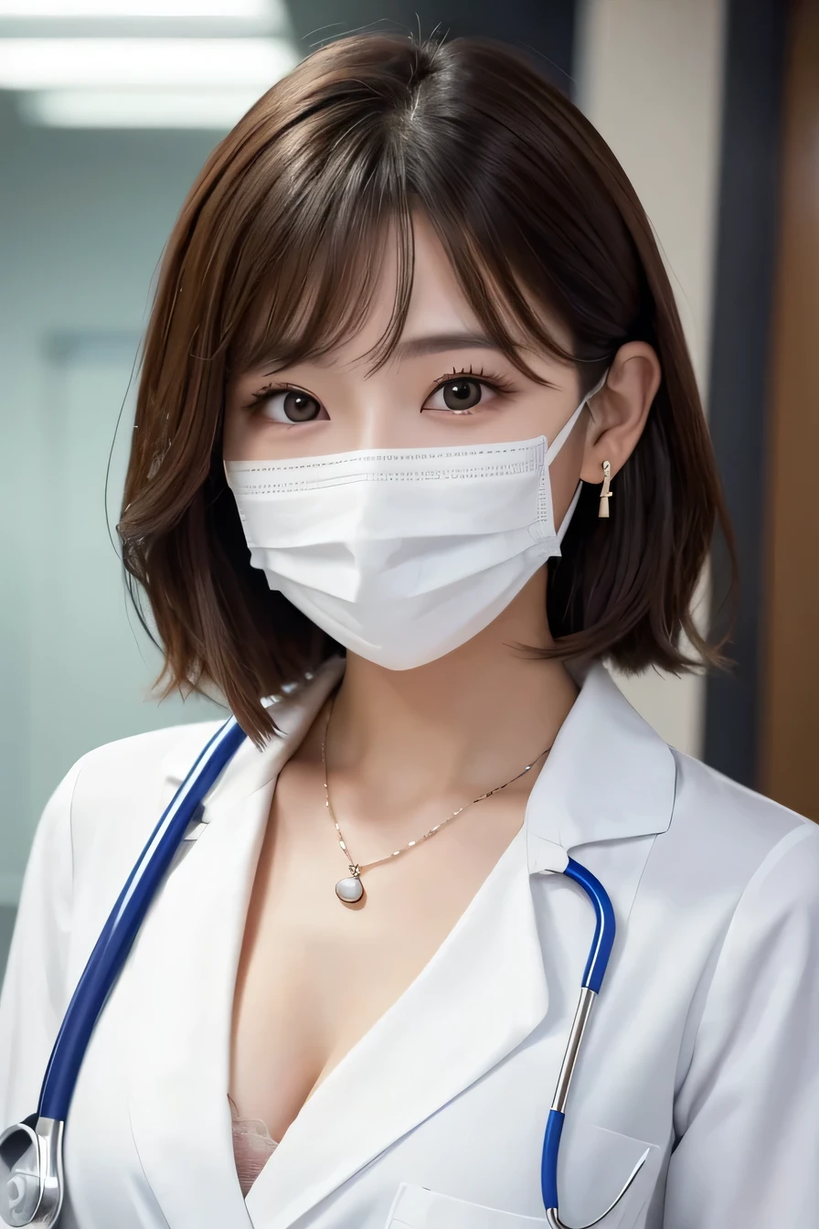 Beautiful young woman、 Korean women、Slightly brown hair、Necklace around the neck、White、shirt、Cleavage、Stethoscope、Mask on mouth、short hair、Wavy Hair、Intricate details, Very detailed:1.2), 、 Looking into the camera,The background is the inspection room..、ear piercing