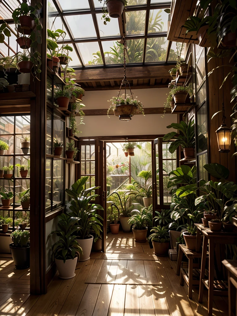 a dimly lit indoor greenhouse, lush potted plants, small delicate flowers, natural sunlight, ornate decorative vases, intricate hanging vines, elegant wooden furniture, cozy ambient lighting, warm color palette, detailed textures, photorealistic, 8k, masterpiece