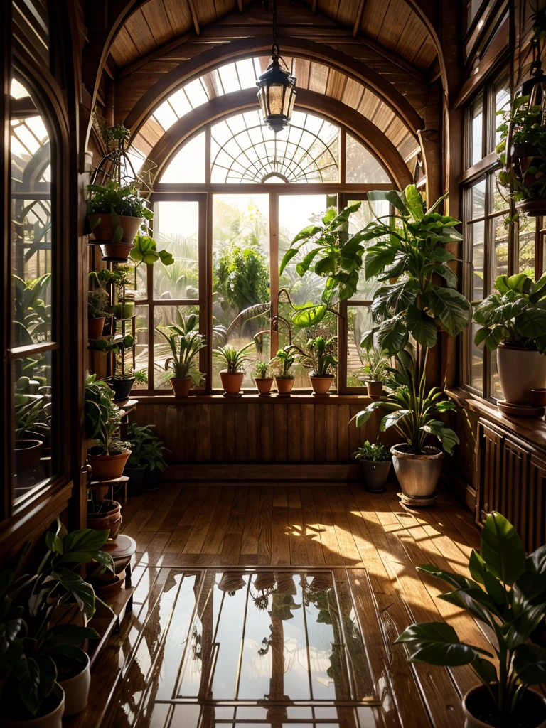 a dimly lit indoor greenhouse, lush potted plants, small delicate flowers, natural sunlight, ornate decorative vases, intricate hanging vines, elegant wooden furniture, cozy ambient lighting, warm color palette, detailed textures, photorealistic, 8k, masterpiece