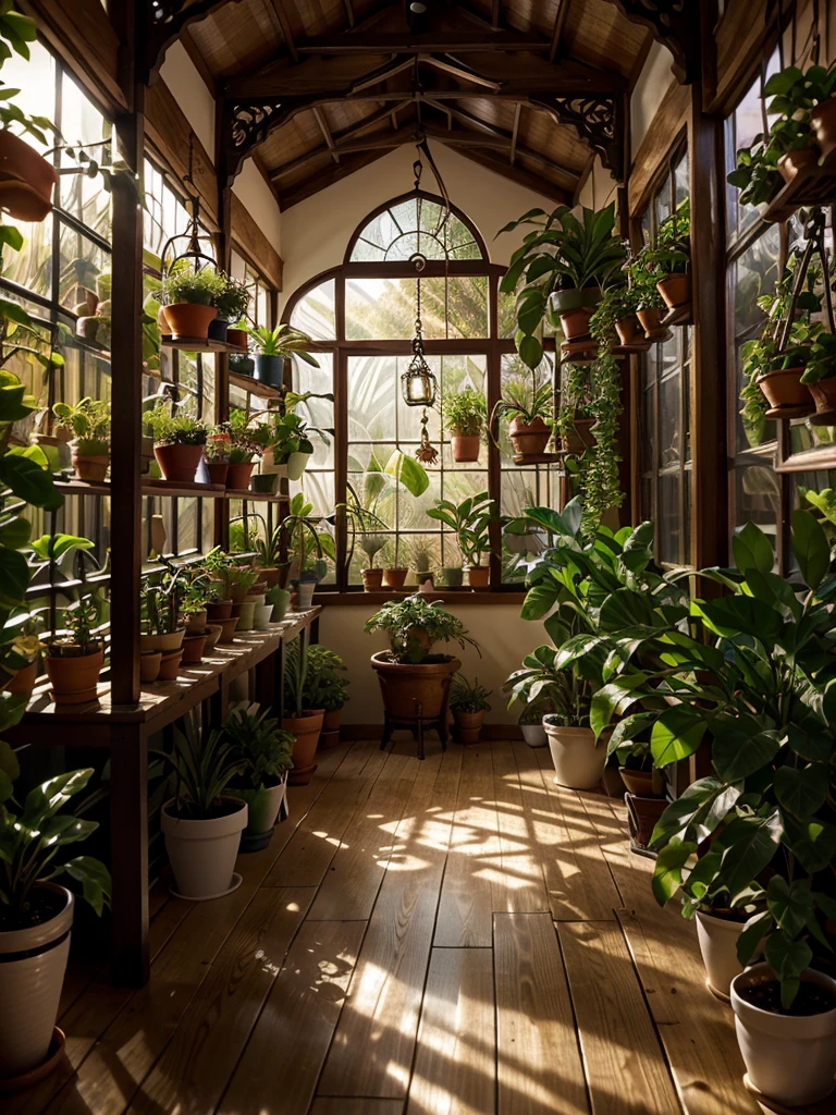 a dimly lit indoor greenhouse, lush potted plants, small delicate flowers, natural sunlight, ornate decorative vases, intricate hanging vines, elegant wooden furniture, cozy ambient lighting, warm color palette, detailed textures, photorealistic, 8k, masterpiece