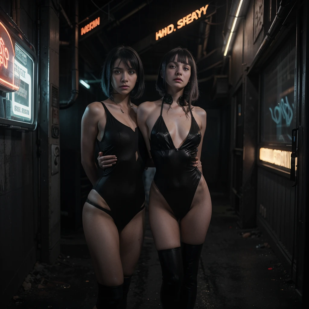 (Best Quality,hight resolution,Masterpiece, half body shot:1.2),Ultra-detailed,woman dressed in a futuristic leotard,sickly,standing in cyberpunk city alley at night, she's wearing a very sexy and futuristic high waisted thong leotard, cyberpunk city in at night in the background, very high waisted leotard, cyberpunk scenario, cyber-noir aesthetic, raining in a cyberpunk city, perfect body, sensual pose,full body shot, cyberpunk noir vibes, centered subject,gloomy ecstasy,fetish,dark gloomy atmosphere, creepy atmosphere, gritty texture,Retro-atmosphere,warped reality,melancholic expression on his face,mysterious aura,foggy atmosphere,foggy background,Subtle color palette,provocative pose,Strong emotions,Coming Out of the Depths of Despair,Piercing gaze,intense shadows,Plunged in Darkness,dark industrial aesthetic,ominous vibe,A supernatural sensation,Loss of Place in Time and Space,Eerie silence.asymmetrical bangs, freckles, black short hair, Bangs, freckles, gray eyes,