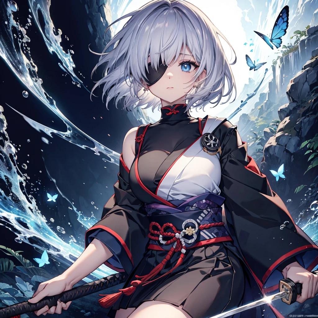 (((1 person Put on an eye patch Gray Hair))) ((High resolution short hair Black kimono Red point Shoulder Rin々Funny face knifeを構える)) ((Black Band samurai Lonely despair blue eyes Close-up)) ((Blue Butterfly night Japanese style old Shining Aura garden water surface Catch the wind)) (dance 日本knife knife Slashing) 月night moonlight star Draw your sword Shining Background Shining Edge