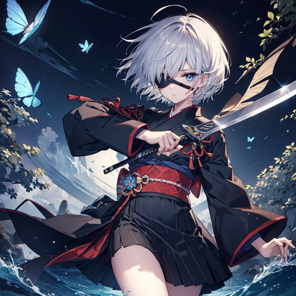 (((1 person Put on an eye patch Gray Hair))) ((High resolution short hair Black kimono Shoulder Rin々Funny face knifeを胸の前で構える)) ((Black Band samurai Lonely despair blue eyes Close-up)) ((Blue Butterfly night Japanese style old Shining Aura garden water surface Catch the wind)) (dance 日本knife knife Slashing) 月night moonlight star Draw your sword Shining Background Shining Edge