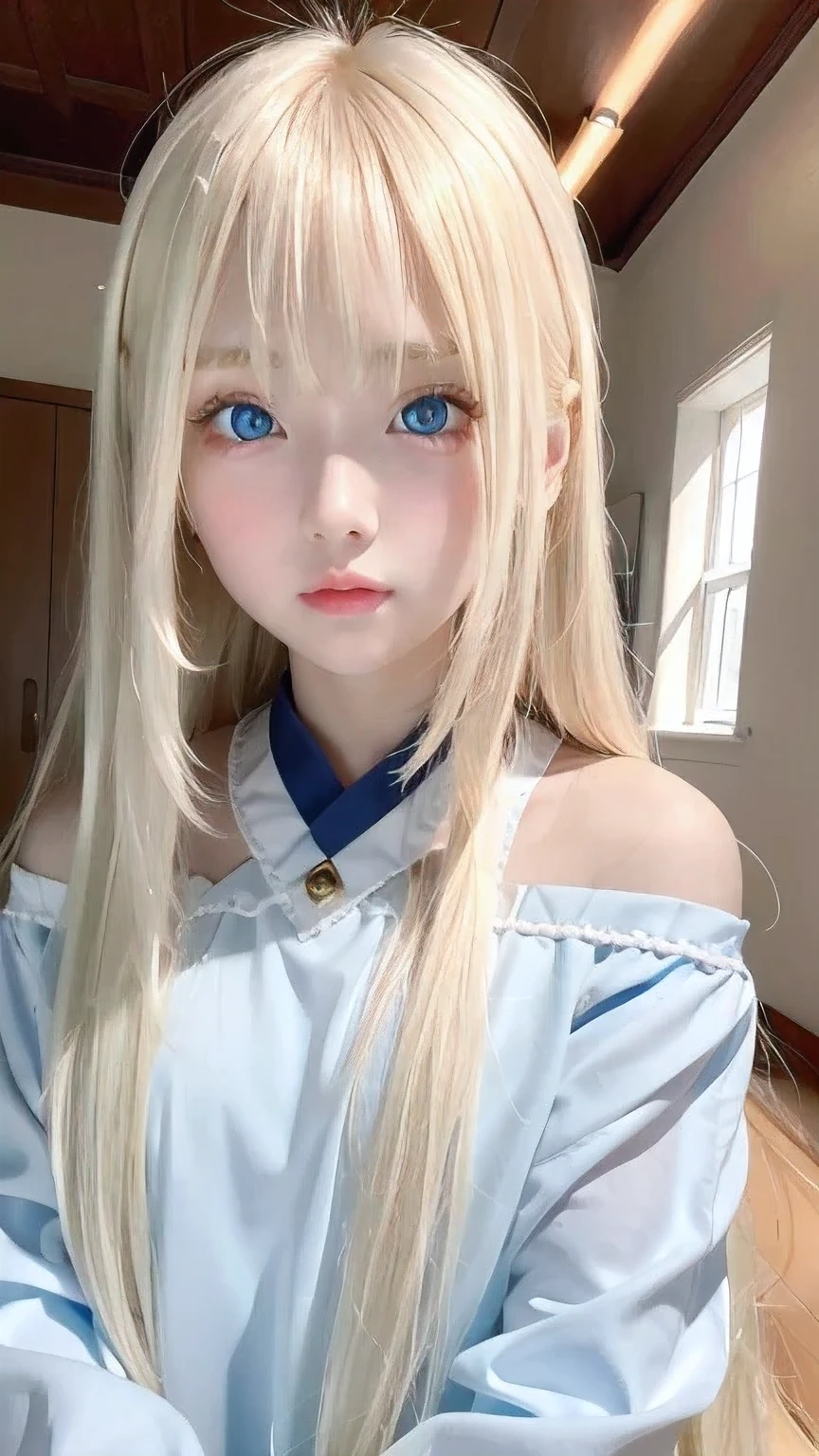 Super long blonde straight hair、Bangs on a beautiful face between the eyes、Very cute beautiful sexy young teenage girl、So perfect beautiful cute face、Very large, clear, beautiful, bright, light blue eyes、Very big cute eyes、Small Face Beauty、Cheek highlighter、White, bright and radiant skin、