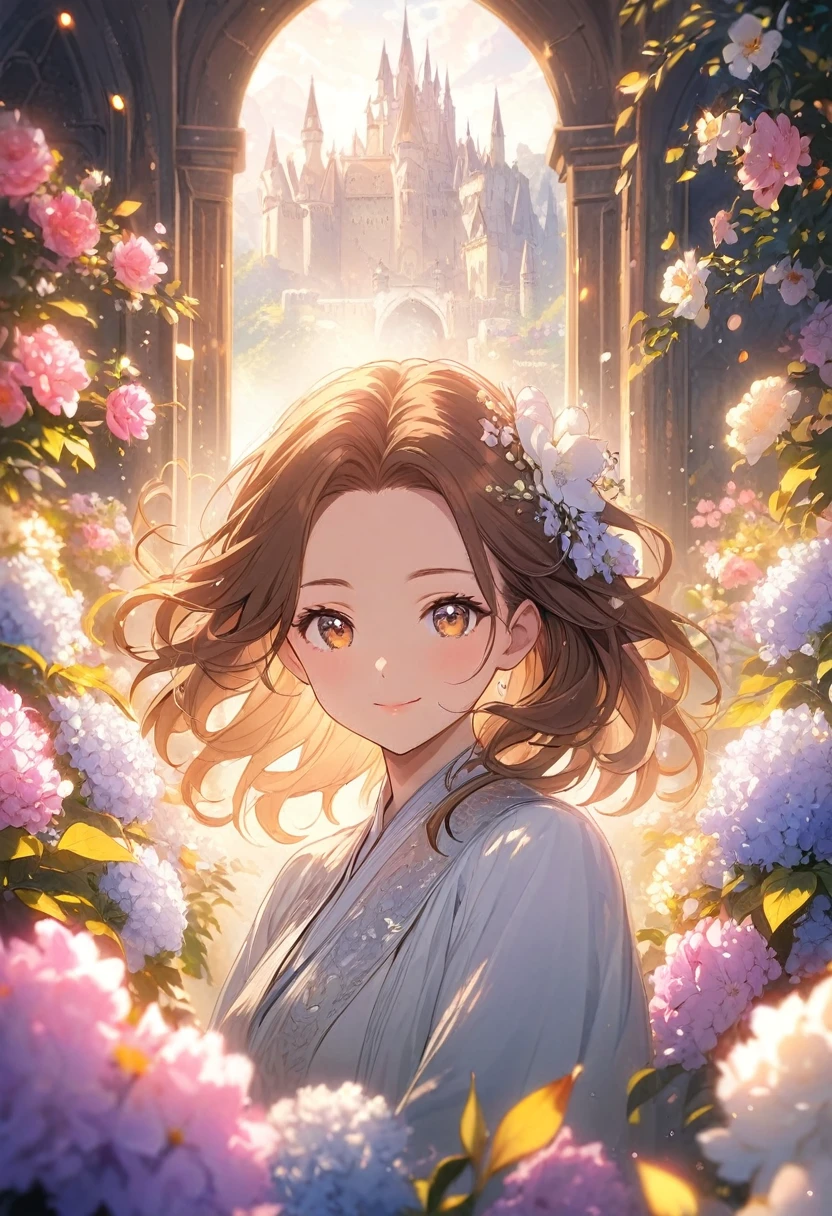 Very detailed,(((ultra detailed face))),best quality, 8k, (soft Light), Light, ((soft focus)),1 beautful woman, facing the camera,upper body,brown hair, ((forehead)),almond eye, fluffy hair,((forehead)),elegant, Comfortable, Clean and detailed anime art, Trending on artstart, rainbow colors, (((milky white)), illuminate warmly, big smile,flowers,((happiness)),castle,thank you!