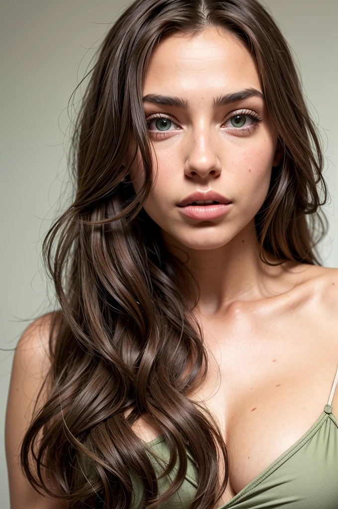 Instagram model, with step cut, brown long hair, light green eyes, big lips, beautiful face, nose piercing, close up on face 