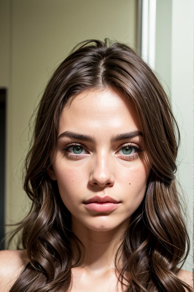 Instagram model, with step cut, brown long hair, light green eyes, big lips, beautiful face, nose piercing, close up on face