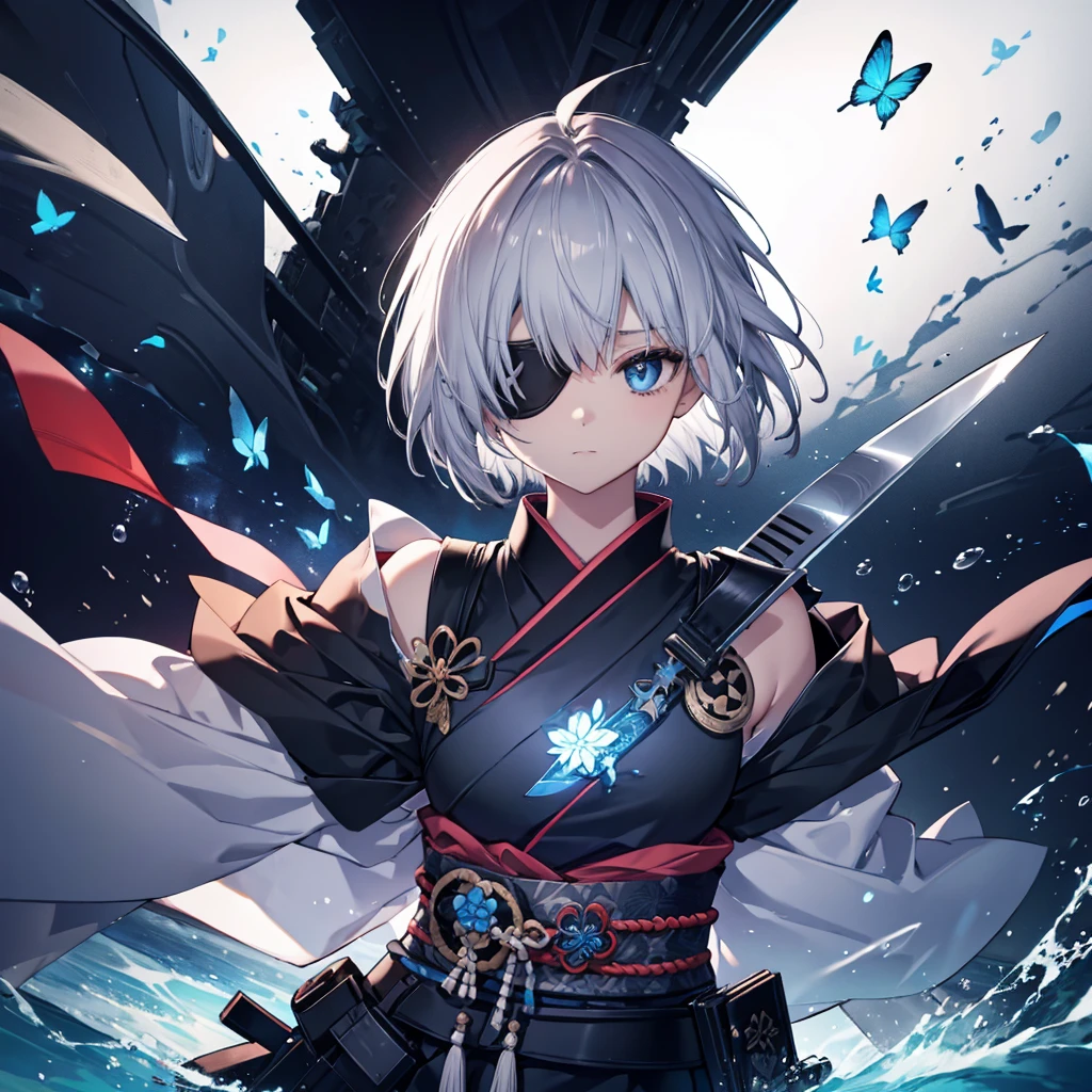 (((1 person Put on an eye patch Gray Hair))) ((High resolution short hair Black kimono Shoulder Rin々Funny face knifeを胸の前で構える)) ((Black Band samurai Lonely despair blue eyes Close-up)) ((Blue Butterfly night Japanese style old Shining Aura garden water surface Catch the wind)) (dance 日本knife knife Slashing) 月night moonlight star Draw your sword Shining Background Shining Edge
