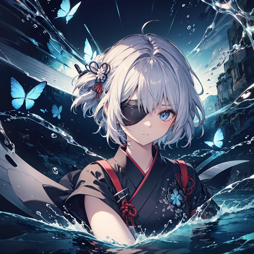 (((1 person Put on an eye patch Gray Hair))) ((High resolution short hair Black kimono Shoulder Rin々Funny face knifeを胸の前で構える)) ((Black Band samurai Lonely despair blue eyes Close-up)) ((Blue Butterfly night Japanese style old Shining Aura garden water surface Catch the wind)) (dance 日本knife knife Slashing) 月night moonlight star Draw your sword Shining Background Shining Edge