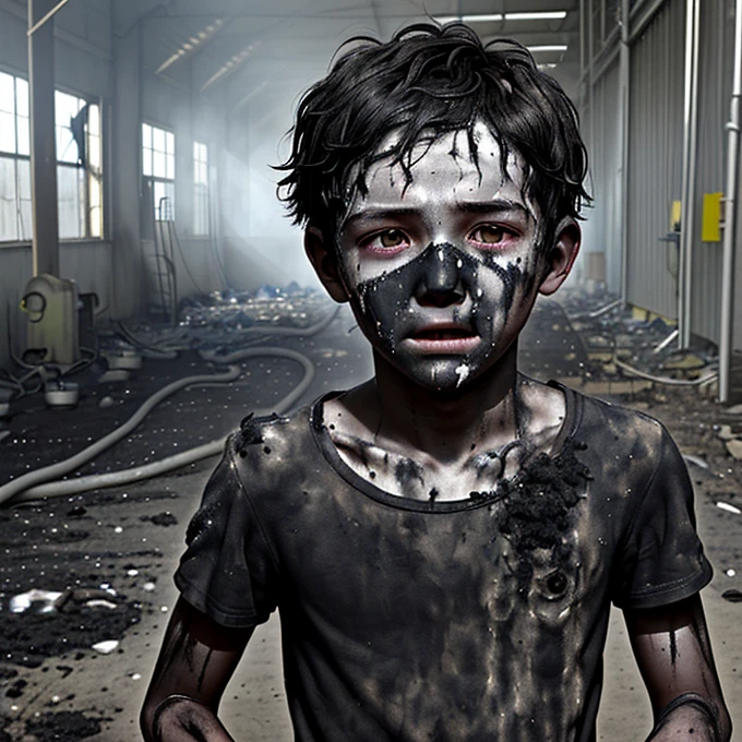 A boy covered in soot after being caught in an explosion during a field trip to a factory