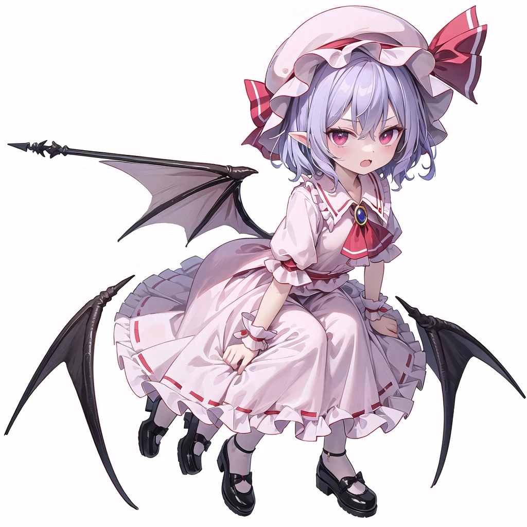 (((one women))),(((remilia scarlet))),(touhou), red eyes, short hair, purple hair, light purple hair, blue hair, slit pupils, fang, bat wings, white headwear, pink headwear, mob cap, white shirt, pink shirt, collared shirt, frilled shirt collar, red ascot, puffy short sleeves, frilled sleeves, wrist cuffs, white skirt, pink skirt, skirt set, frilled skirt, red ribbon, hat ribbon, waist bow, red bow, spear the gungnir, brooch, holding,(((full body))),(((model posing))),(((white background))),(((Diagonal angle)))