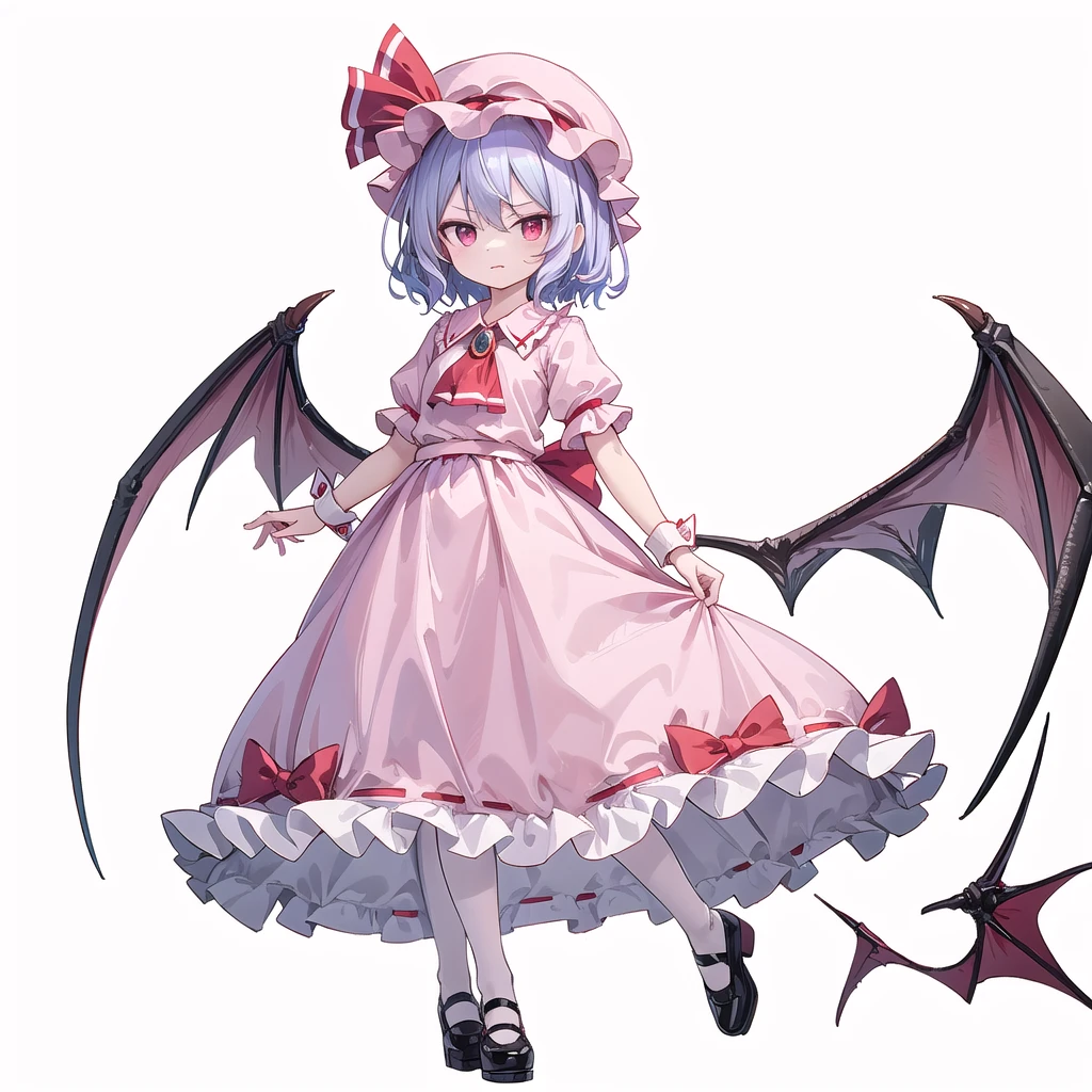 (((one women))),(((remilia scarlet))),(touhou), red eyes, short hair, purple hair, light purple hair, blue hair, slit pupils, fang, bat wings, white headwear, pink headwear, mob cap, white shirt, pink shirt, collared shirt, frilled shirt collar, red ascot, puffy short sleeves, frilled sleeves, wrist cuffs, white skirt, pink skirt, skirt set, frilled skirt, red ribbon, hat ribbon, waist bow, red bow, spear the gungnir, brooch, holding,(((full body))),(((model posing))),(((white background))),(((Diagonal angle)))