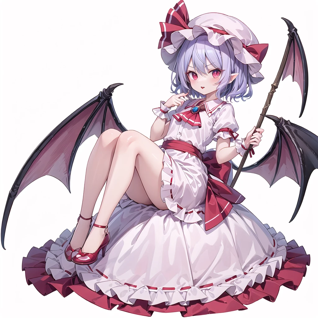 (((one women))),(((remilia scarlet))),(touhou), red eyes, short hair, purple hair, light purple hair, blue hair, slit pupils, fang, bat wings, white headwear, pink headwear, mob cap, white shirt, pink shirt, collared shirt, frilled shirt collar, red ascot, puffy short sleeves, frilled sleeves, wrist cuffs, white skirt, pink skirt, skirt set, frilled skirt, red ribbon, hat ribbon, waist bow, red bow, spear the gungnir, brooch, holding,(((full body))),(((model posing))),(((white background))),(((Diagonal angle)))