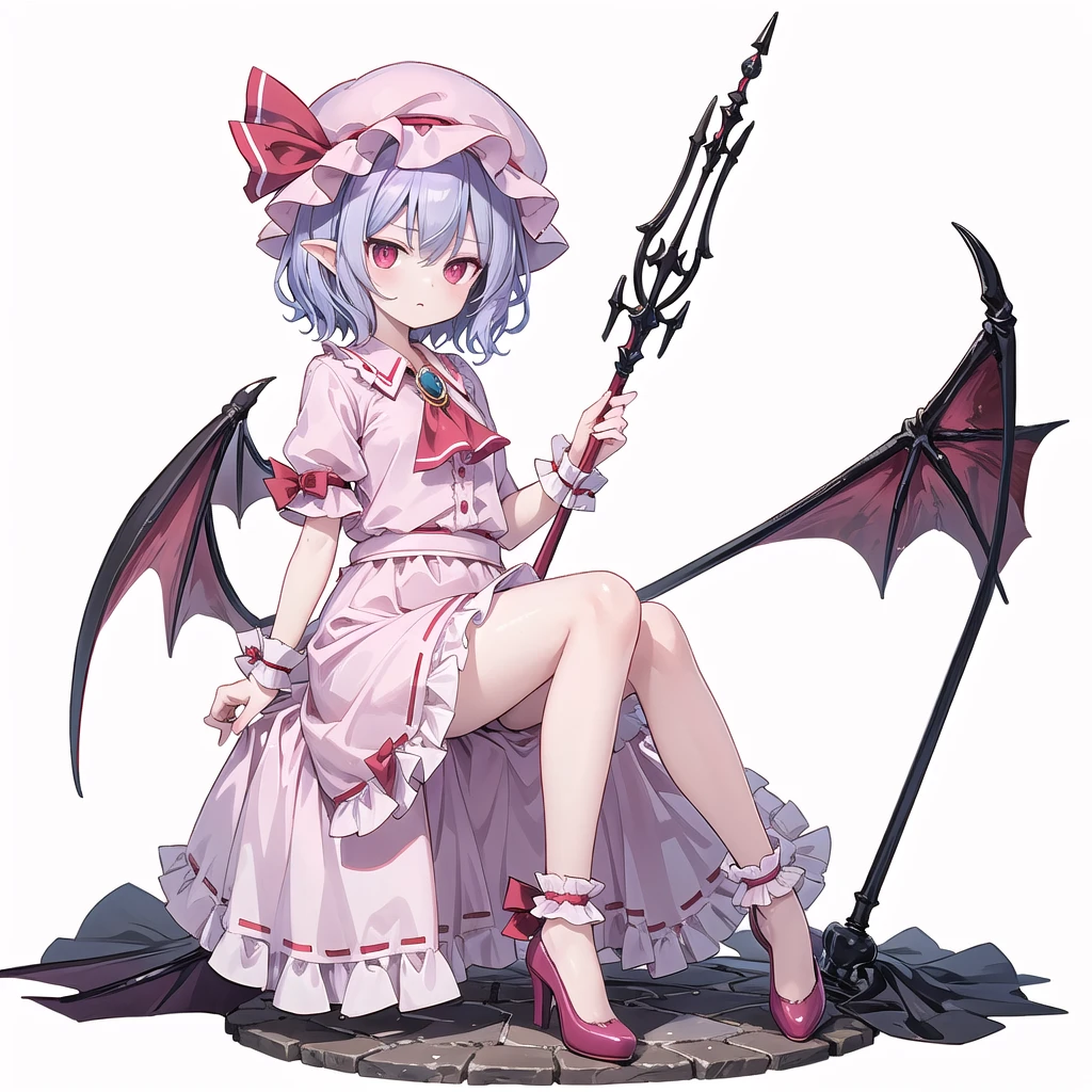(((one women))),(((remilia scarlet))),(touhou), red eyes, short hair, purple hair, light purple hair, blue hair, slit pupils, fang, bat wings, white headwear, pink headwear, mob cap, white shirt, pink shirt, collared shirt, frilled shirt collar, red ascot, puffy short sleeves, frilled sleeves, wrist cuffs, white skirt, pink skirt, skirt set, frilled skirt, red ribbon, hat ribbon, waist bow, red bow, spear the gungnir, brooch, holding,(((full body))),(((model posing))),(((white background))),(((Diagonal angle)))