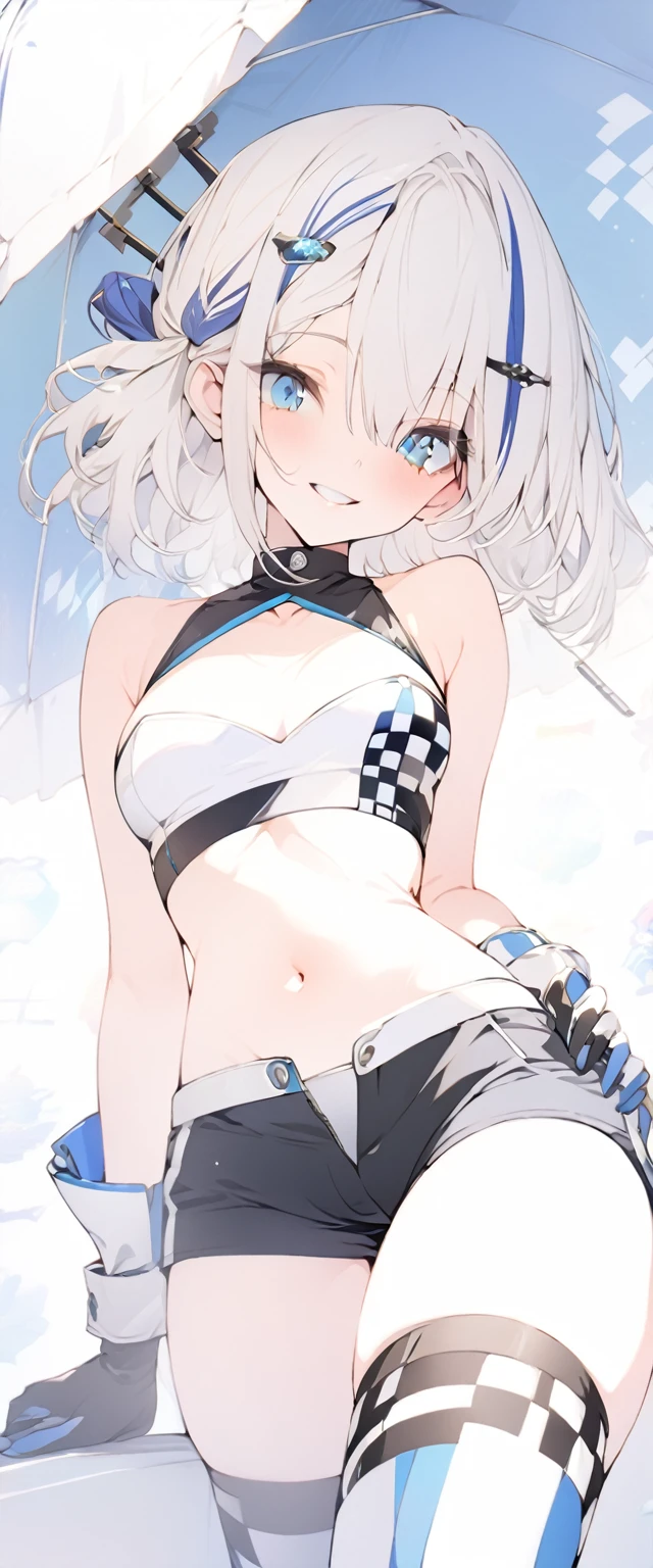 beautiful, masterpiece, Highest quality, anime, One girl, C Cup,Portrait Shot, View your viewers, Intricate details,>,((Covered、Short Hair、nearby、Blue Eyes、art、、White hair,Blue streaked hair、wallpaper、、hairpin、smile、Thighs、navel、Plainer_Race Queen、Plainer_Gloves、Plainer_Knee-high boots、Parasol、work、Plainer_Shorts、Off the shoulder、No sleeve