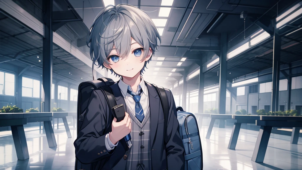 1 boy、High school boys、Highest quality, Tabletop, Beautiful Face、Jet black  with stand-up collar、uniform、Gray Hair、short hair、whole body、smile、smile、Carrying a blue and white checked backpack、School Background、